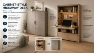 hideaway desk cabinet-style workstation with concealed storage and clean minimalist look