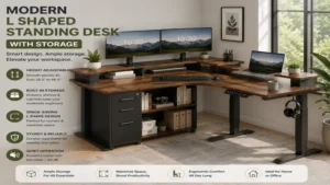 Modern l shaped standing desk with storage and bright ergonomic workspace setup