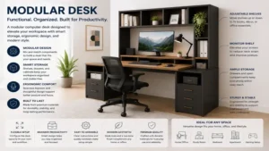 modular computer desk with monitor shelf, drawers, and organized workstation