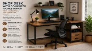 shop desk computer workstation with ergonomic chair setup