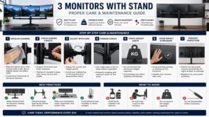 3 monitors with stand maintenance guide showing proper care setup safety and long-term performance