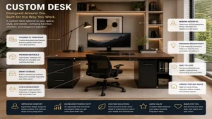 Premium custom desk integrated into a modern interior workspace design