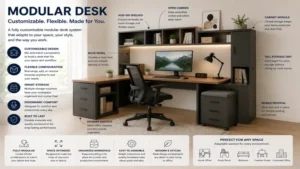 customizable modular desk system with flexible storage and modern office design