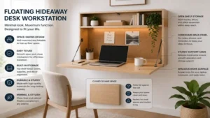 hideaway desk floating workstation with Scandinavian-inspired design and organized workspace