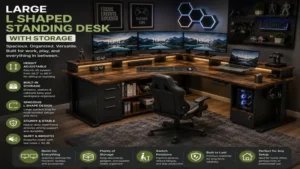 Large l shaped standing desk with storage for home office and multitasking workspace