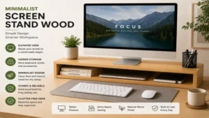 minimalist screen stand wood with hidden storage and clean workspace organization