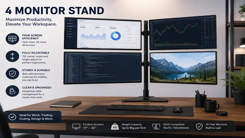Modern 4 monitor stand setup with four screens for an ergonomic and productive workspace