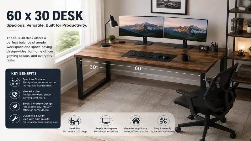Modern 60 x 30 desk in a stylish home office with ample workspace for productivity.