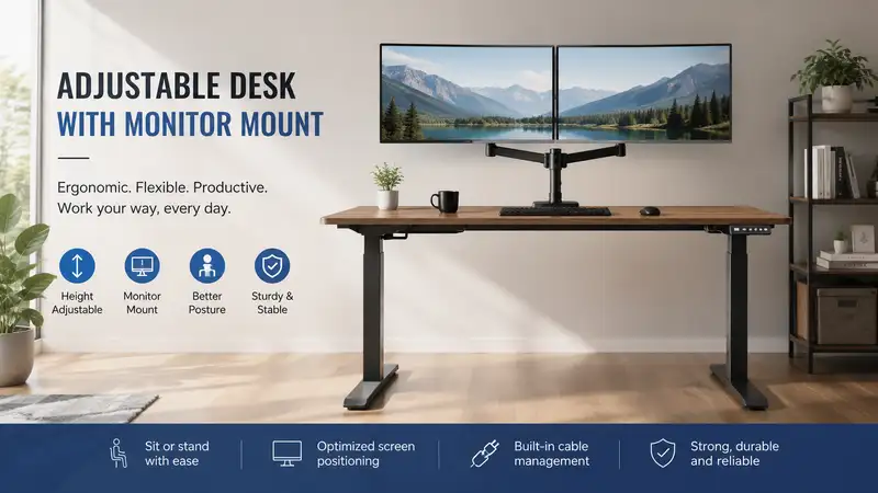 Adjustable desk with monitor mount creating an ergonomic dual-screen workstation setup in a modern office