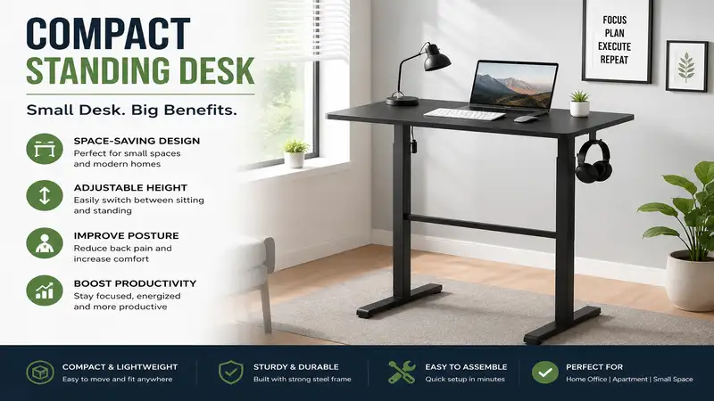 compact standing desk in a modern home office with ergonomic workspace setup