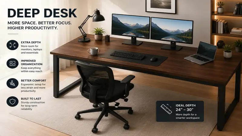 deep desk workspace setup with ample surface area for productivity and organization