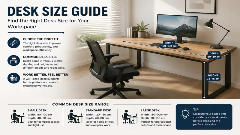 Comprehensive desk size guide showing standard dimensions and workspace planning recommendations