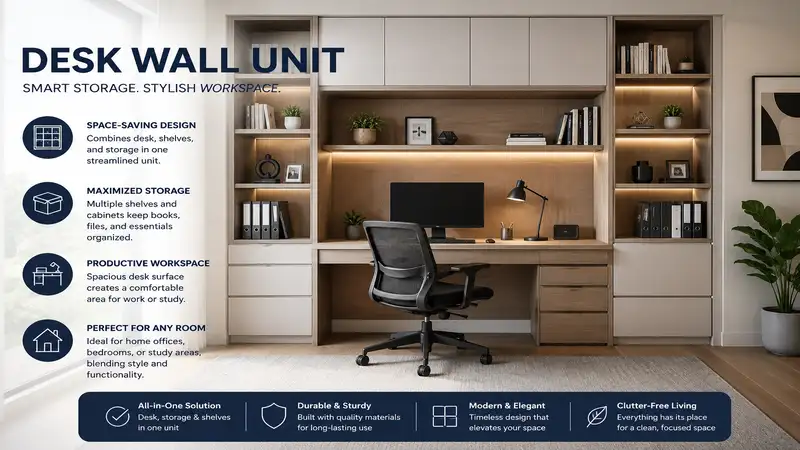desk wall unit with built-in shelves and storage creating an organized home office workspace