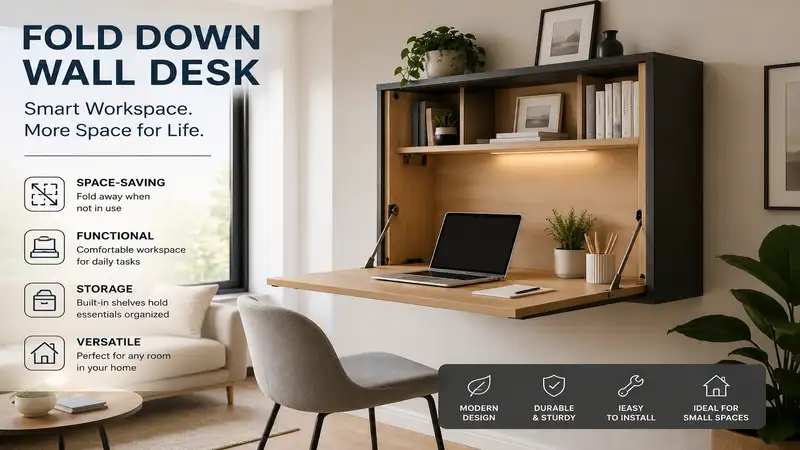 Modern fold down wall desk in a stylish home office with smart storage and space-saving functionality