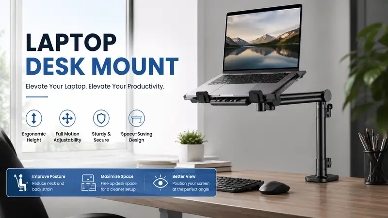 laptop desk mount securely holding a laptop above a modern workstation for ergonomic desk organization