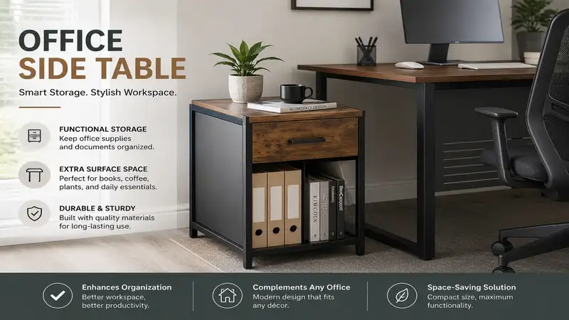 Office side table in a modern workspace with a sleek design, providing stylish storage and easy access to everyday office essentials.