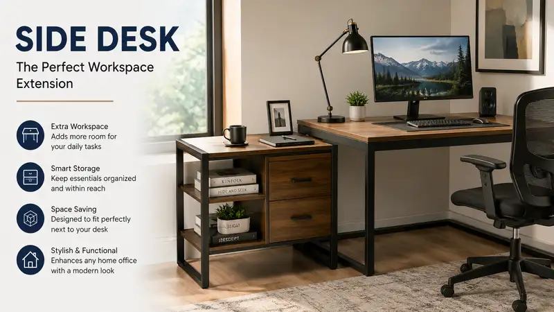 Modern side desk placed beside a main workstation in a stylish home office setup