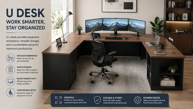 u desk in a modern home office with spacious workspace, multiple monitors, and organized storage