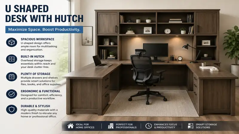 Modern u shaped desk with hutch in a spacious home office with storage shelves and workstation setup