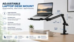 adjustable laptop desk mount with articulated arm for flexible screen positioning and improved comfort