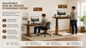 Adjustable solid wood standing desk with smooth height control for sitting and standing positions