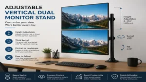 Adjustable vertical dual monitor stand with flexible viewing angles and space-saving design