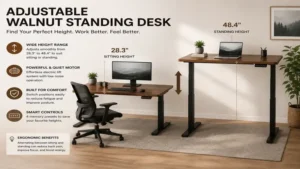 Adjustable walnut standing desk with ergonomic height settings for comfortable working