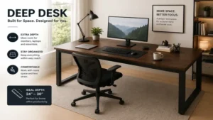 deep desk in a home office providing extra workspace for monitors and accessories