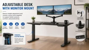 Adjustable desk with monitor mount featuring an electric height-adjustable frame and monitor arm for improved posture