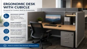 Ergonomic desk with cubicle designed for productive office work