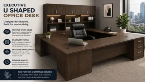 executive u shaped office desk in a professional office with multiple work zones and storage