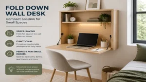 Compact fold down wall desk installed in a small room creating an efficient workspace for everyday use