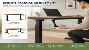 User adjusting a manual adjustable desk with a smooth hand crank height adjustment system