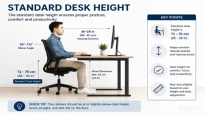 standard dimensions of a desk with a detailed desk height measurement guide for ergonomic posture and comfort