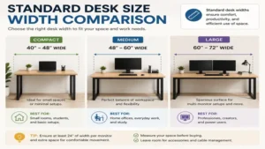 Standard desk size width comparison chart featuring compact, medium, and large desk options
