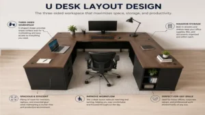 u desk layout design showing a three-sided workstation that maximizes workspace and productivity
