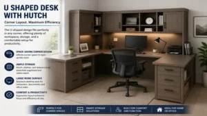 Functional u shaped desk with hutch arranged in a corner office layout for maximum workspace efficiency