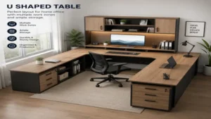 Contemporary u shaped table design for a home office with multiple work zones and ample storage space
