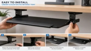 under counter keyboard tray being installed under a wooden desk with mounting brackets