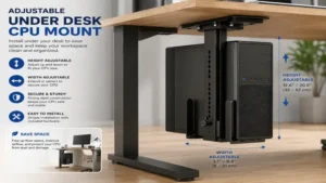 adjustable under desk cpu mount installed under an office desk for space-saving computer storage