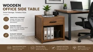 Office side table made of natural wood with a storage drawer, offering practical organization for documents and office supplies.