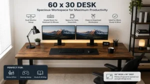 Ergonomic 60 x 30 desk with a dual monitor setup for work and multitasking.