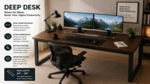 deep desk supporting a dual monitor setup with comfortable viewing distance