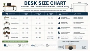Desk size chart displaying recommended width, depth, and height measurements for different users