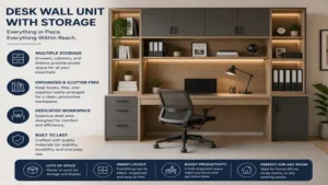 desk wall unit featuring multiple storage compartments, cabinets, and shelves for organization