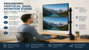 Ergonomic vertical dual monitor stand designed to improve posture and workspace efficiency