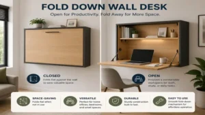 fold down wall desk shown in open and closed positions demonstrating flexible space-saving design