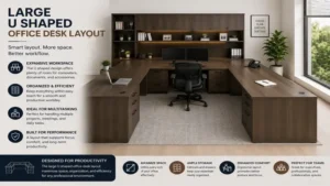 large u shaped office desk layout providing expansive workspace for productivity and organization