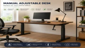 Stylish home office setup featuring a manual adjustable desk with ergonomic workspace design