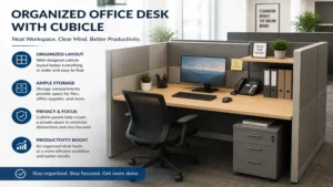 Organized office desk with cubicle layout and computer setup
